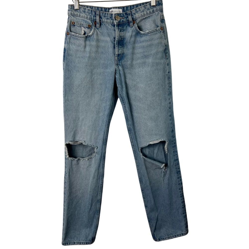 Zara Womens Sz 6 Distressed Straight Leg Jeans Light Wash Ripped Knee Button Fly